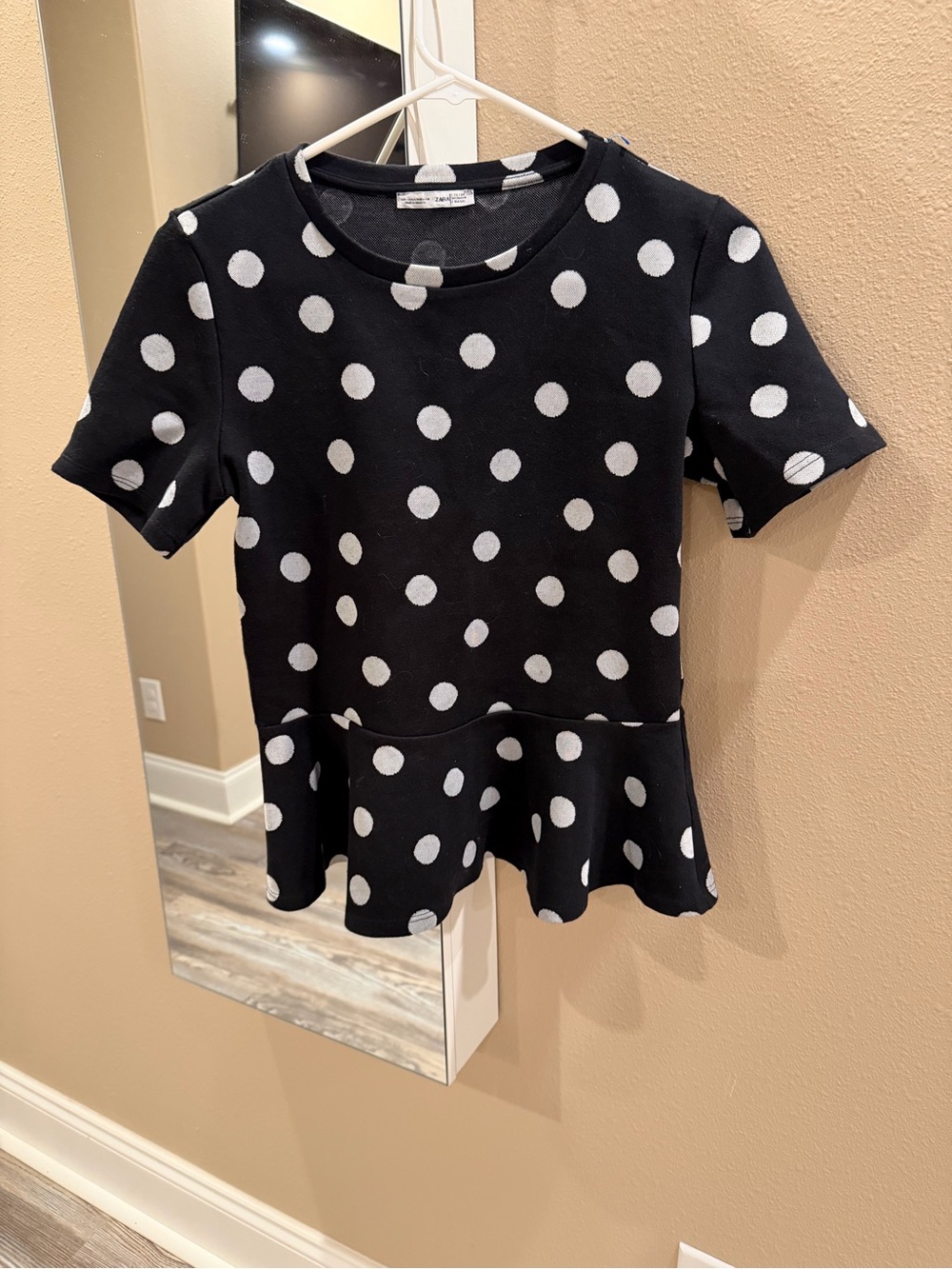 Zara Black & White Polka Dot Short Sleeve Peplum Tee